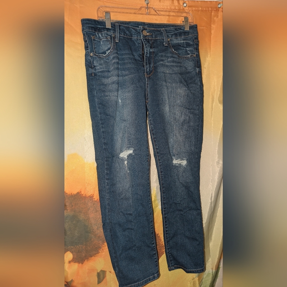 Time and Tru Dark Indigo Straight Leg Jeans with Knee Distress